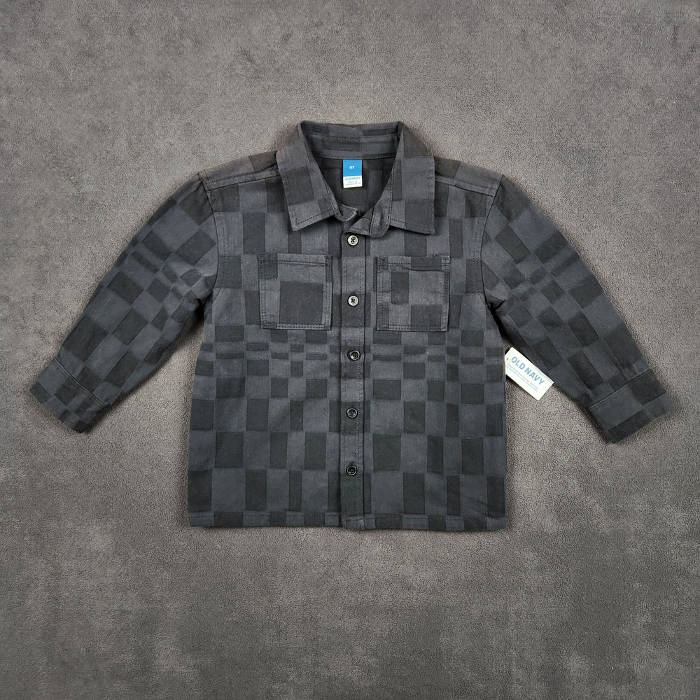 Old Navy Twill Pocket Shirt Boys 3T Black Checkered Long Sleeve Button Up‎